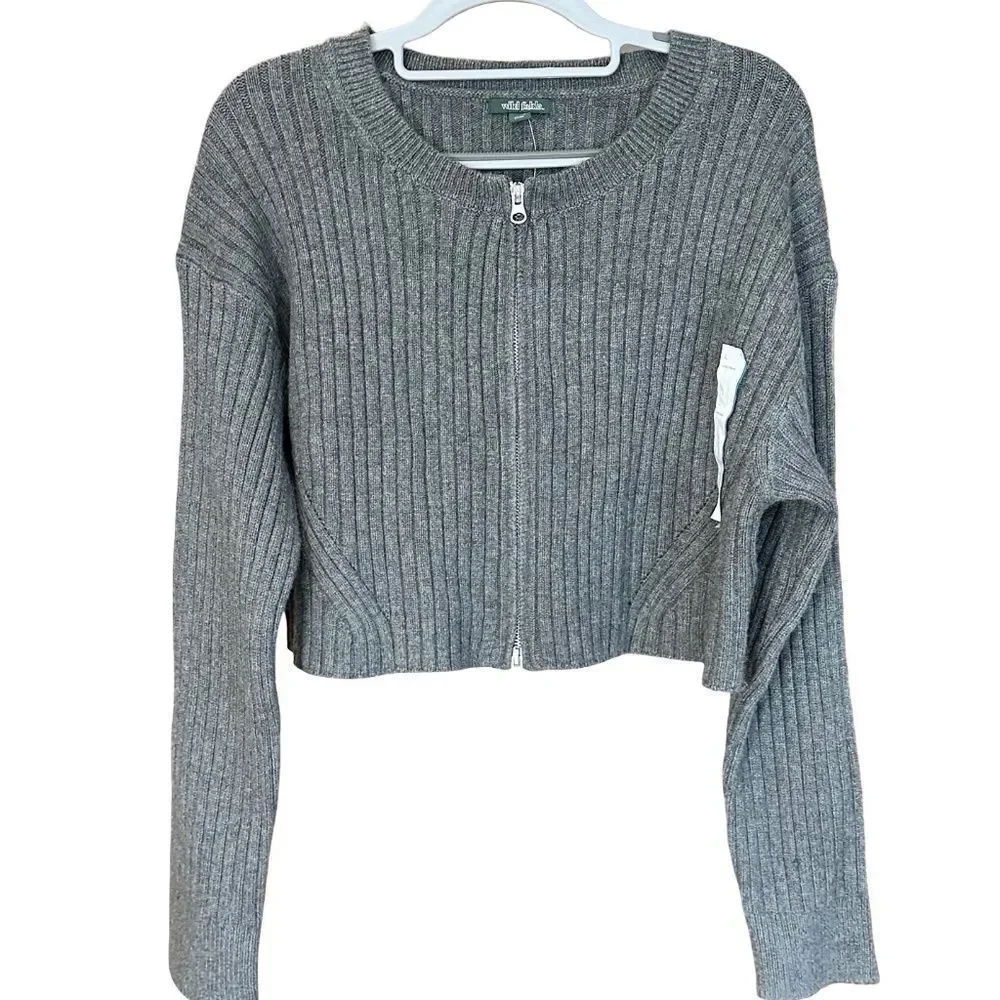 NWT Wild Fable Front Zip Long Sleeve Gray Ribbed Sweater Size Large
